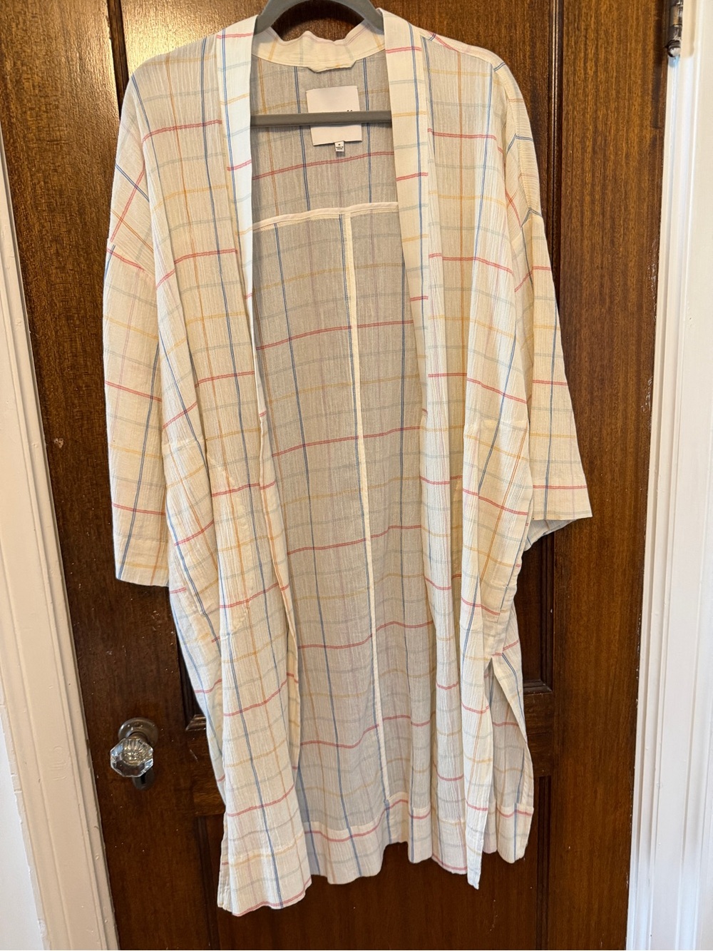 Madewell Cream Plaid Open-Front Kimono with Red and Blue Lines